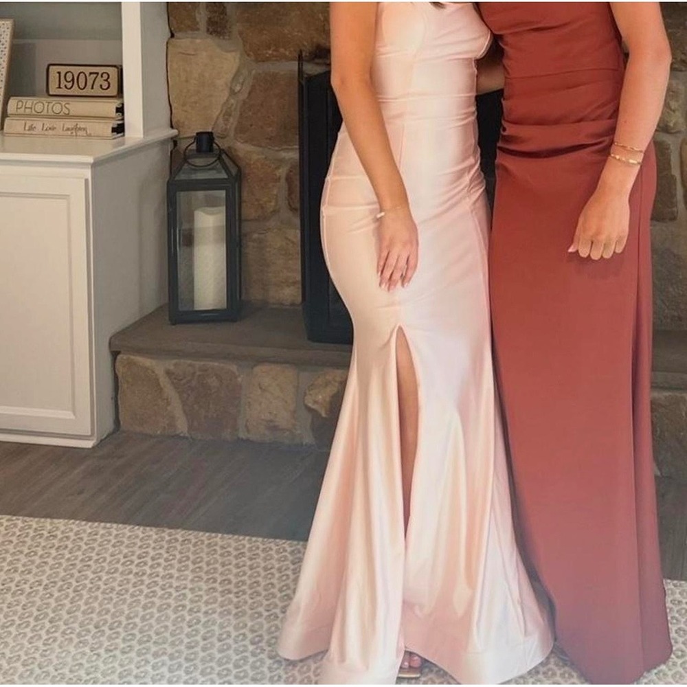 Jessica Angel Light Pink Prom Dress Mermaid Lace Up Back Formal Gown w/ Slit XS